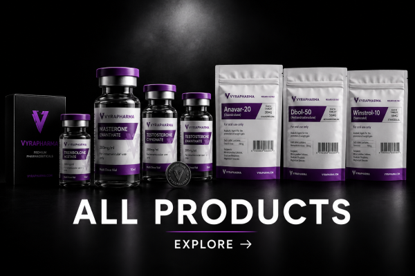 VyraPharma product collection featuring injectable vials and oral performance products