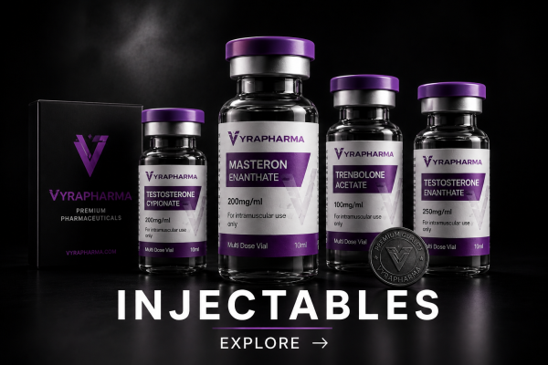 VyraPharma injectable collection featuring Masteron, Testosterone and Trenbolone vials